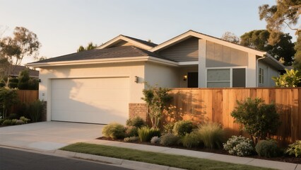 Modern Single Family House with White Exterior and Wooden Fence in Suburban Neighborhood