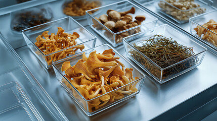 Dried mushrooms samples in petri dishes on the table at a modern laboratory. Research in natural ingredients, Mushroom research
