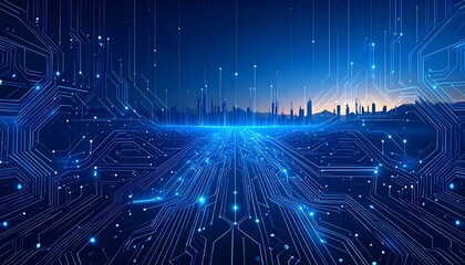 Ciudad futurista conectada a red digital azul con circuitos cibernéticos en estilo cyberpunk