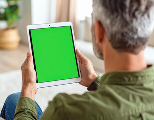A man with grey hair is holding a tablet with a green screen, indoors.