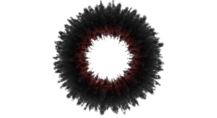 Dark fluid smoke expands from a transparent central void in concentric rings, with reddish-brown and pink tones, on a transparent background. Concept of breakthrough and expansion