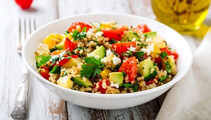 A vibrant salad of bulgur, avocado, tomatoes, cucumbers, and feta cheese in a white bowl