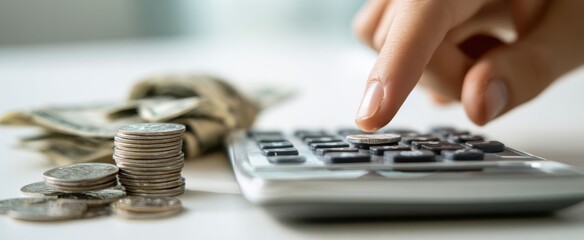 The Calculator and Stacks of Coins with Hand Calculating Personal Budget and Savings Plan