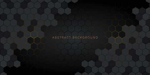 Hexagonal futuristic abstract metal background honeycomb style. Black and Gray hexagonal tiles with gold outlines. Perfect for branding, presentation , promotional and technology design