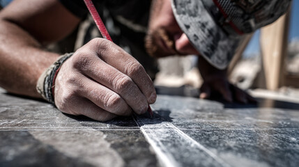 Worker marking concrete slab with chalk line for precise cutting, close up of hand and pencil in action at construction site