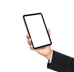Hand holding digital tablet with mockup of blank screen on isolated white background.