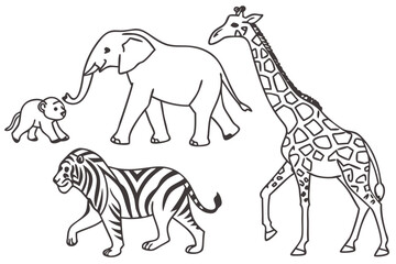 Vector art of black and white line art of african animals, including an elephant, giraffe, tiger, and lion
