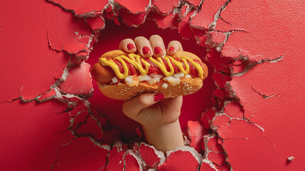 Hand holding a hot dog with mustard and ketchup, bursts through out of a hole in red wall
