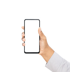 Hand holding the black smartphone with mockup of blank screen on isolated white background.