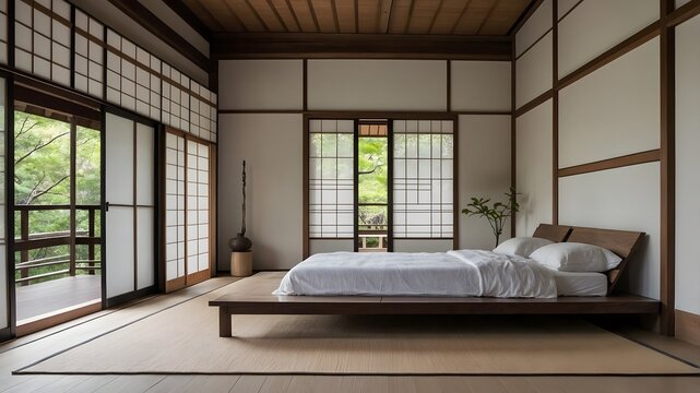 Dormitorio japon&eacute;s zen con cama baja de madera, tatami y paneles shoji abiertos hacia un jard&iacute;n verde
