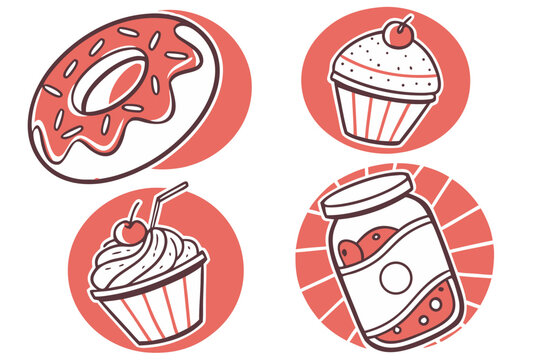 Vector art of collection of donut, cupcake and jam jar icons in retro style for bakery shop or cafe menu design