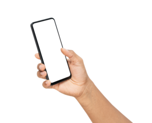 Hand holding the black smartphone with mockup of blank screen on isolated white background