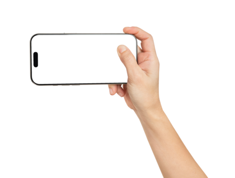 Hand holding the black smartphone with mockup of blank screen on isolated white background.