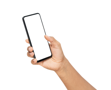 Hand holding the black smartphone with mockup of blank screen on isolated white background