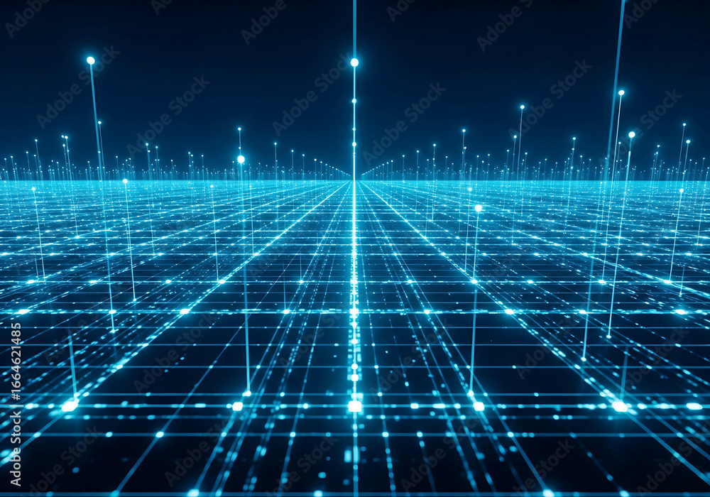 Poster abstract blue digital network grid with glowing lines and nodes representing data flow and connectiv