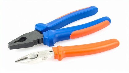 Obraz premium Pliers and cutters with orange-blue handles on white surface.