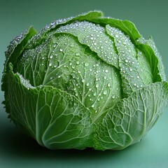 Fototapeta premium Cabbage with water droplets shines brightly against a green background in morning light