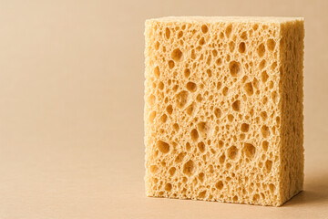 Eco-friendly compostable sponge photographed close-up with detailed porous texture on beige background, sustainable cleaning supply symbolizing biodegradable alternatives to synthetic household sponge