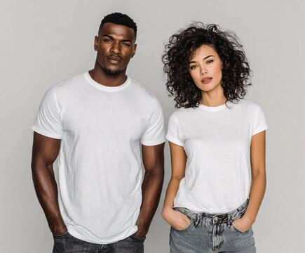 A confident couple, both wearing plain white t-shirts, poses against a neutral backdrop, showcasing simple style and effortless elegance.