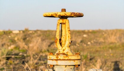 Rusty valve wheel in rural field.
