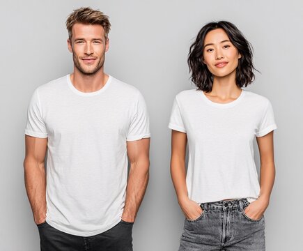 A friendly and approachable man and woman, both smiling, pose in front of a neutral gray background, wearing plain white t-shirts and dark-wash jeans.