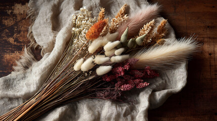 bouquets of dried flowers bunch on a wooden background showing the flowers and dry natural beauty