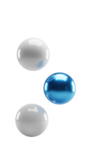 Low-angle view of two abstract geometric orbs, one matte white, one corporate blue metallic, floating upwards in a pristine studio with light grey gradient background, ample copy space. Concept of