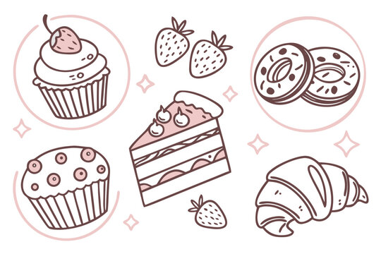 Illustration of cupcakes, cakes, donuts, croissant and muffin for dessert shop or bakery menu