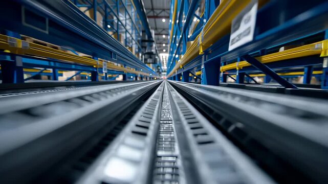 Inside an automated distribution center warehouse with empty conveyor belts. The modern logistics facility stands ready to move packages and goods.