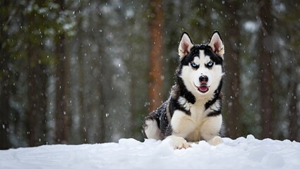 Siberian Husky with blue eyes in winter snow