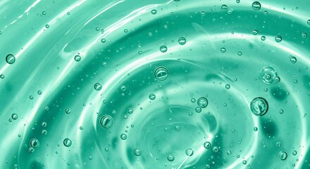 water drops on blue, Abstract skincare beauty product, green gel texture with bubbles on light background. Transparent aloe hyaluronic acid serum for skin care. Liquid cream with vitamins. Wellness an