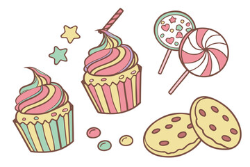 Vector art of colorful cupcakes, lollipops, and cookies, a sweet and delightful assortment for any celebration
