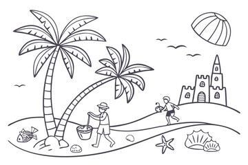 Naklejka premium Vector art of hand drawn summer beach scene with palm trees, sandcastle, and people vector illustration in doodle style