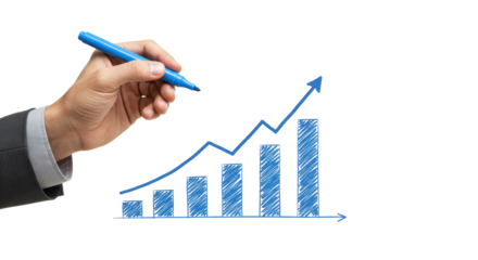 A well-groomed, gender-neutral hand in a grey cuff holds a blue marker, drawing an upward line graph on a transparent background, soft studio light, concept of business growth and progress