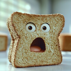 A slice of bread shows a surprised expression, adding humor to the kitchen environment