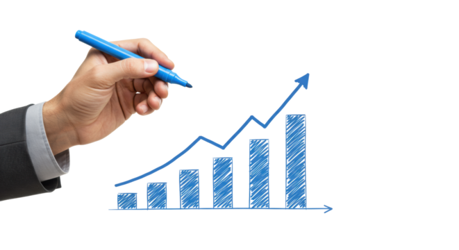 A well-groomed, gender-neutral hand in a grey cuff holds a blue marker, drawing an upward line graph on a transparent background, soft studio light, concept of business growth and progress - Powered by Adobe