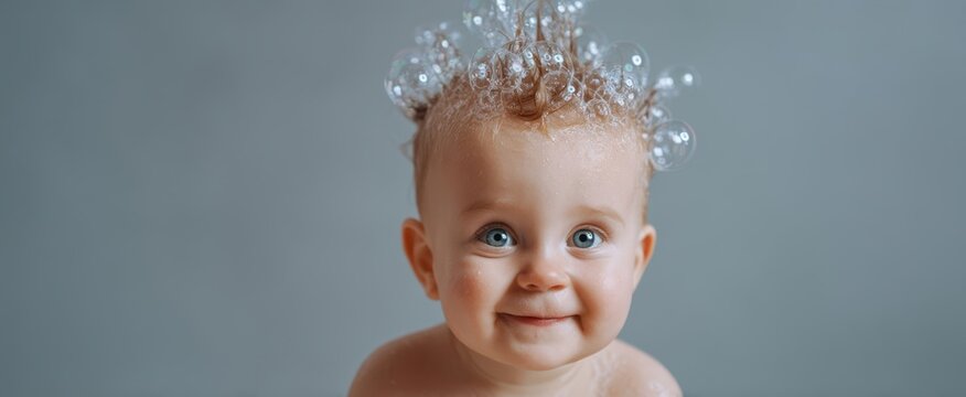 The Baby with Bubbly Hair and Sparkling Water Droplets Smiling at Camera