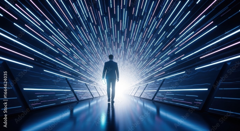 Aufkleber businessman walking into bright light in futuristic tunnel. man exploring digital data stream and te