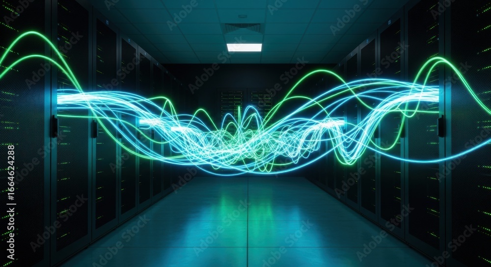 Poster data center communication displaying glowing blue and green digital waves between server racks. netw