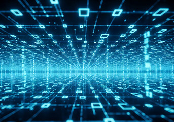 An abstract digital tunnel of glowing blue lines and squares receding into the distance, representing data flow, technology, and the future of information