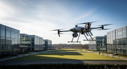 Industrial drone flying over modern office buildings. Unmanned aerial vehicle with camera capturing corporate campus. Future technology and surveillance concept.