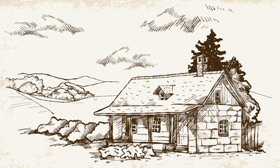 Hand-drawn vintage-style landscape with a cute stone house, hills and trees on a light textured background.