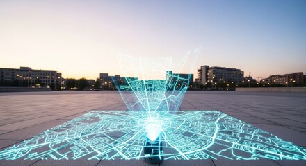 Holographic city map glowing on ground with urban skyline. Future smart city navigation and location service concept for modern technology.