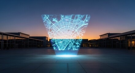 Futuristic holographic city map projection on an empty urban plaza at twilight. Smart city navigation and digital technology concept.
