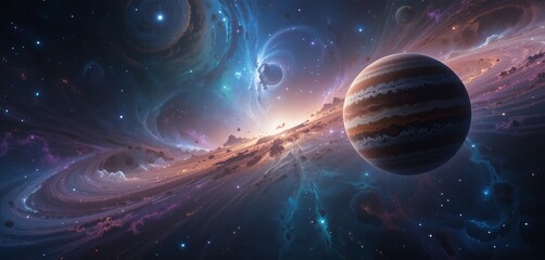 Two planets in a vast and colorful galaxy.