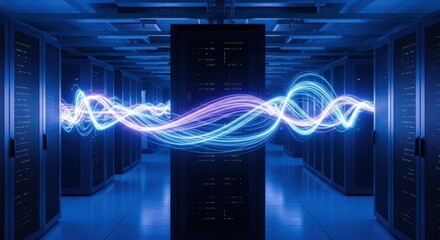 Digital data flow through server room. Concept of supercomputer processing information. Modern technology for cloud computing network.