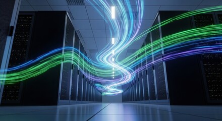 Server room corridor with data flow lines. Abstract light particle trails moving between data center racks. High-speed internet connection and big data transfer concept.