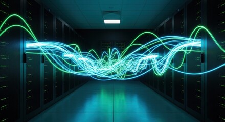 Data center communication displaying glowing blue and green digital waves between server racks. Network connection visualization for modern technology.