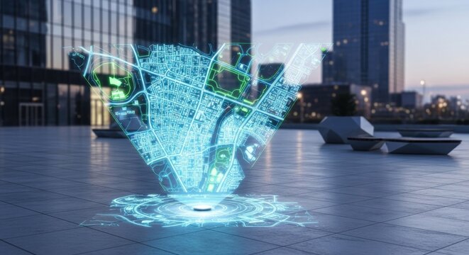 Modern hologram of a city map appearing on a street with skyscrapers. Future navigation technology concept for smart urban planning.