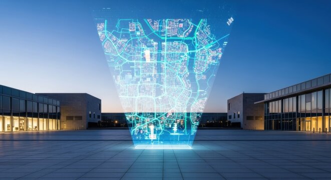 Holographic city map projected in an outdoor public space at dusk. Advanced urban planning with future technology concept. - Powered by Adobe